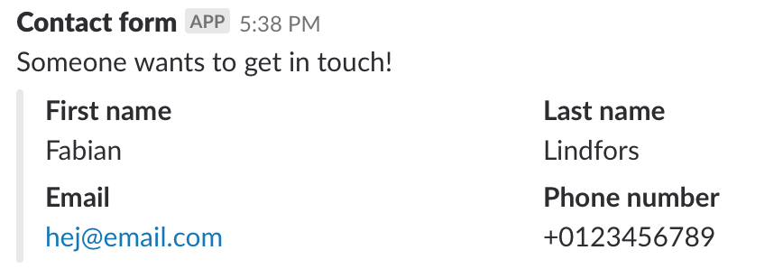 Example of a Slack notification